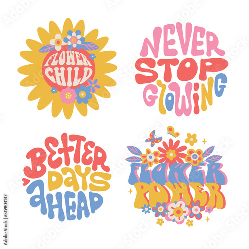 Set of four 70s lettering stickers. Retro graphic for T-shirt, posters, cards. Vintage typography letters with flowers. Flat hand drawn vector illustration.