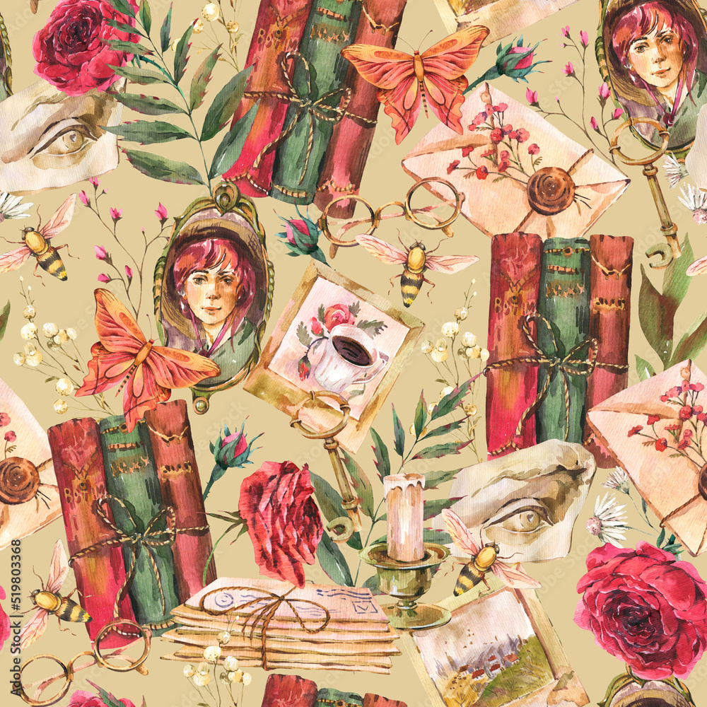 Fototapeta premium Dark Academia Watercolor Seamless Pattern, Vintage Library Background