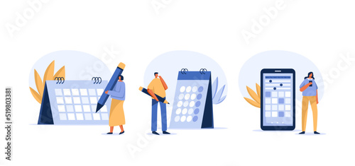 Calendar agenda for appointment and meeting planning. People Characters Planning Schedule.  flat character. vector illustration.