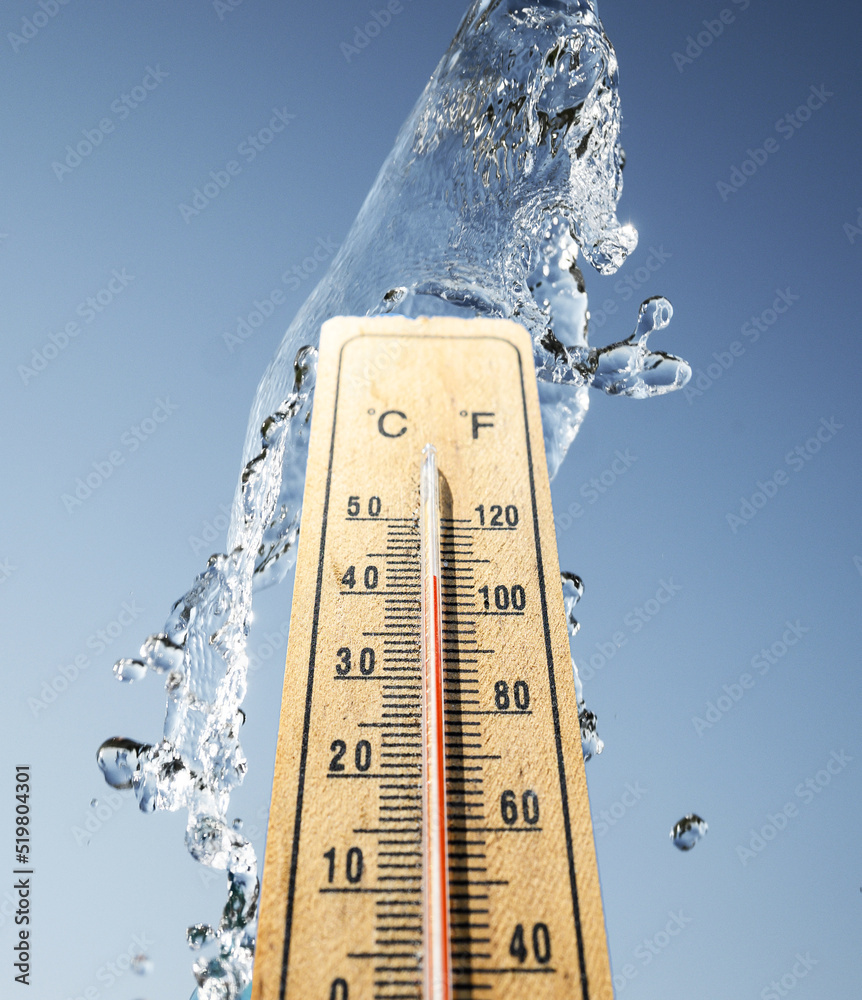 Thermometer indicating high temperatures - 40 degrees Celsius. Water