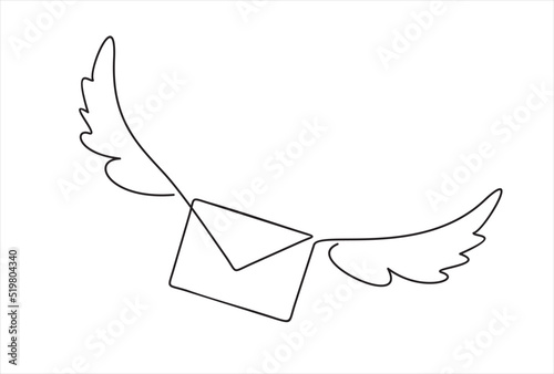 Flying envelope in continuous line art drawing style. Letter with wings minimalist black linear design isolated on white background. Vector illustration
