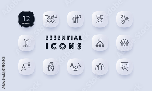 Employees set icon. Communication, speech, achievement flag, achieve, first place, subordinate, recruit, exchange information, statistics, infographics. Business concept. Neomorphism. Vector line icon