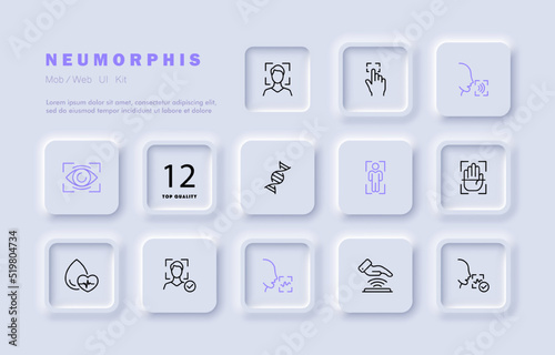 Biometric data set icon. Face id, scan, scanner, fingerprint, voice unlock, recognize, iris, eye, dna, person, hand palm, heartbeat, pulse, successfully. Privacy concept. Neomorphism. Vector line icon