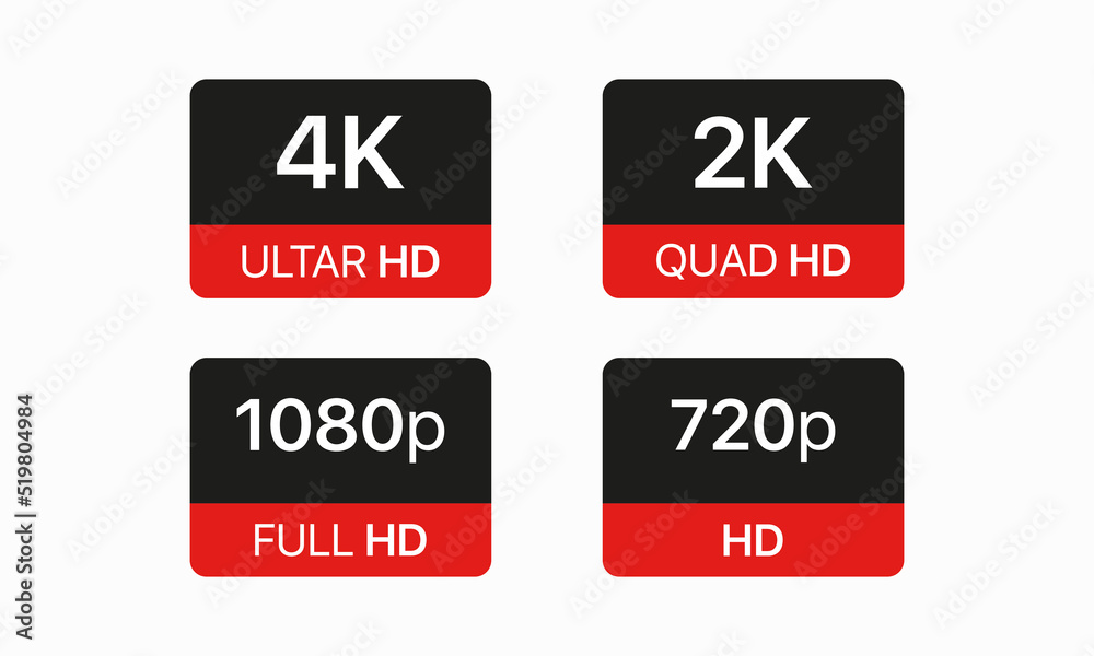 Video resolution. Vector illustration. High definition, ultra hd, quad, full, screen, player, watch film, 4k, 2k, 1080p, 720p. Technology concept. Vector line icon for Business and Advertising Video resolution. Vector illustration. High definition, ultra hd, quad, full, screen, player, watch film, 4k, 2k, 1080p, 720p. Technology concept. Vector line icon for Business and Advertising