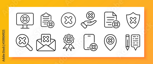 Buttons with crosses set icon. Website, computer, delete, clipboard, hand, document, shield, magnifier, letter, email, reject, phone, pointer, article. Business concept. Vector line icon for Business