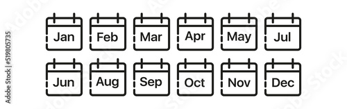 Calendars for each month. Vector illustration. Planning, 12 months, twelve, schedule, business plan, work. Time management concept. Vector line icon for Business and Advertising