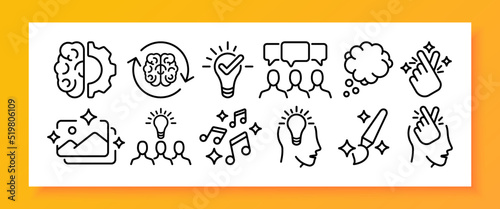 Creative occupation set icon. Brain, gear, circular arrows, thinking, idea, light bulb, cpeech bubbles, communication, snap of fingers, photos, brush, music. Art concept. Vector line icon for Business