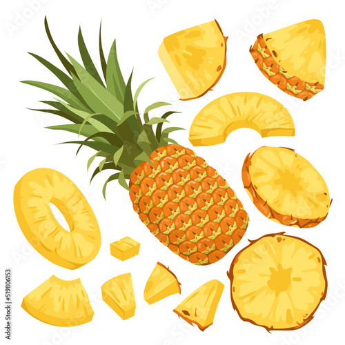 Fresh pineapple set vector illustration. Cartoon isolated whole fruit with yellow pulp, peel with brown texture and green leaves, delicious ananas cut into slices, rings and chunks, triangle segments