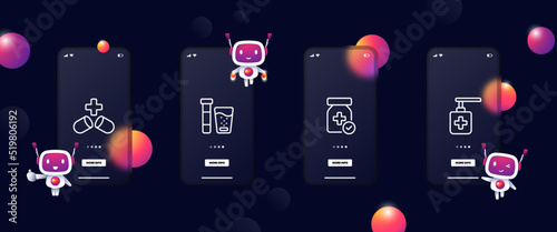 Take medication set icon. Pills, cross, effervescent tablet, glass of water, jar, spray. Healthcare concept. Glassmorphism. UI phone app screens. Vector line icon for Business and Advertising