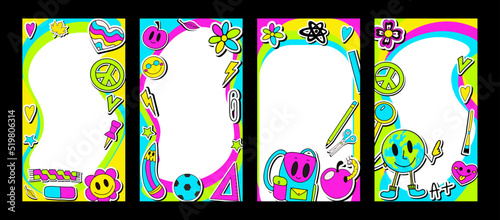 Groovy story template set. Frames for children photo album, invitation, note book, postcard. Retro 70s style and school stationery elements. Cute frame, border. Vector