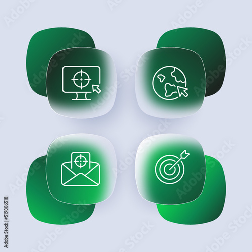 Targeting set icon. Computer with aim, target audience, planet, cursor, worldwide, online, letter, email, planning, arrow. Business concept. Glassmorphism style. Vector line icon for Advertising