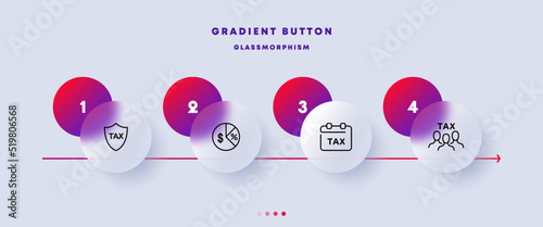 Time to pay taxes set icon. Shield, distribution, pie chart, dollar, percent, calendar, taxpayers. Financial management concept. Glassmorphism style. Vector line icon for Business and Advertising