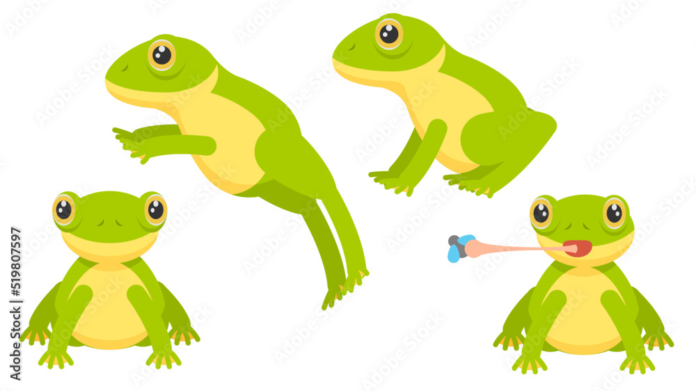 Set Abstract Collection Flat Cartoon Different Animal Frogs Stand, Jumping, Catching Insects With Tongue Vector Design Style Elements Fauna Wild