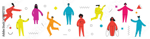 Young men and women with abstract geometric shapes. Team building and teamwork concept. Business partnership, cooperation and communication. Modern flat cartoon style.