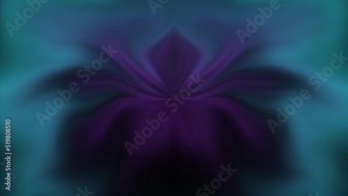 Violet and cyan beams of light emerge from the center of the frame and are distorted to form a stylized flower. Animated background video. Endless cycle. The loop.