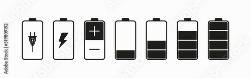 Battery charge set icon. Electricity, electrical plug, lightning, percent, discharged, poles, plus, minus, accumulator. Technology concept. Vector line icon for Business and Advertising