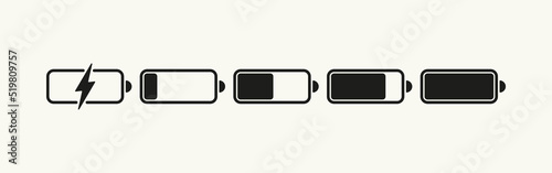 Battery state of charge set icon. Discharged, full, lightning, electricity, accumulator, electric, power supply. Technology concept. Vector line icon for Business and Advertising