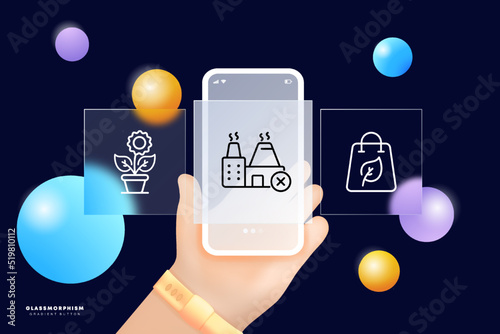 Clean environment set icon. Flower, sunflower, power plant, cross, leaf, biodegradable bag, fume. Ecology concept. Glassmorphism. UI phone app screens. Vector line icon for Business and Advertising