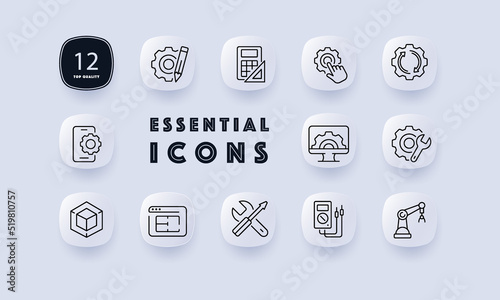 Construction calculations set icon. Gear, pencil, calculator, ruler, arrows, phone, computer, wrench, screwdriver, cube, 3D, website, crane. Technology concept. Neomorphism style. Vector line icon