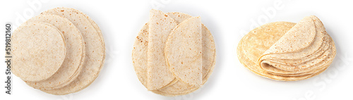 Set of corn tortillas on white background. Mexican food.