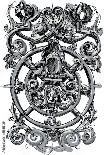 Baroque ornament with a knight's cartouche and a roaring lion. Hand drawn sketch