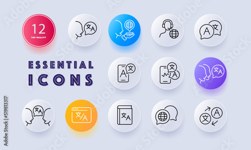 Translation service set icon. Talk, translator, interpreter, foreign language, planet, operator, phone, voice input, dictionary, vocabulary. Communication concept. Neomorphism style. Vector line icon