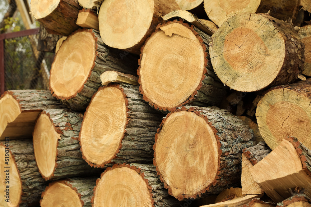 Stacked firewood outdoors, closeup. Heating in winter Stacked firewood outdoors, closeup. Heating in winter