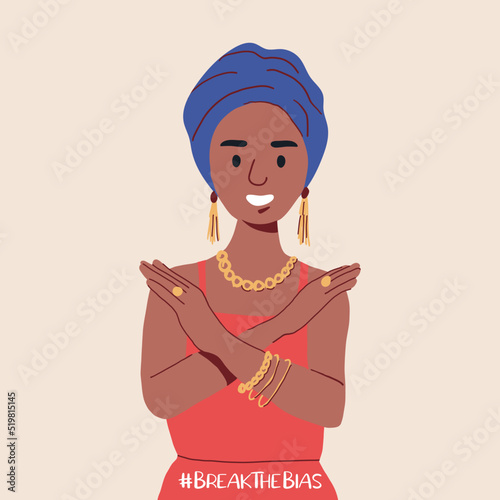 A modern woman with her arms crossed over her arms. Break The Bias campaign. International Women's Day. A movement against discrimination and stereotypes. Flat Vector