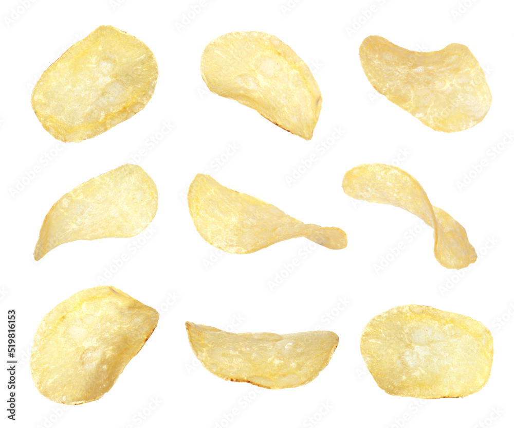 Set of fried crispy potato chips on white background Set of fried crispy potato chips on white background