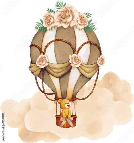 illustration of teddy bear in beige hot air balloon