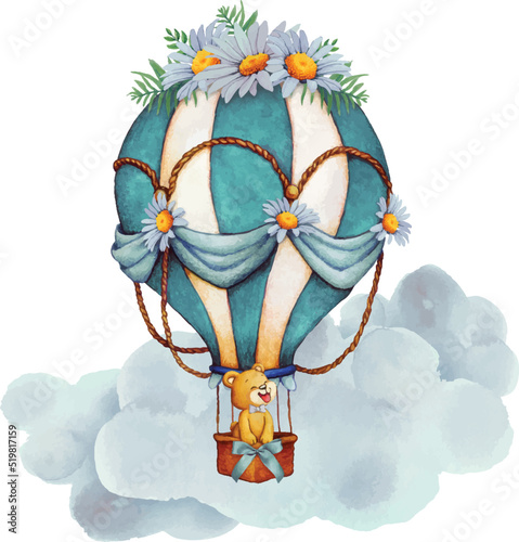 illustration of teddy bear in blue hot air balloon