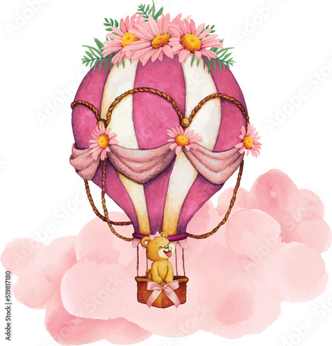 illustration of teddy bear in pink hot air balloon