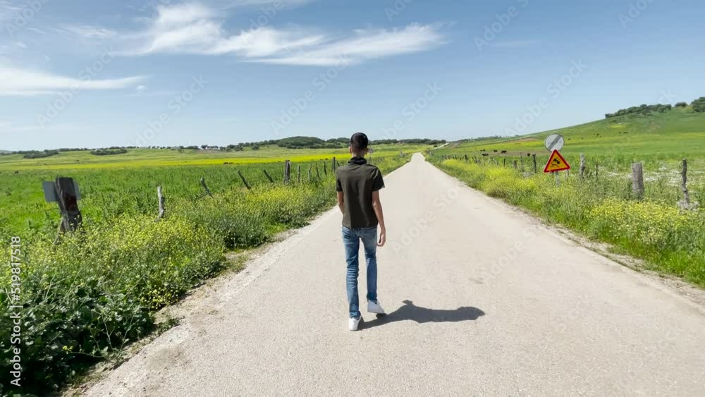 Young man walking the bull route in Medina Sidonia, Cadiz province in Spain with fighting bulls around. Young man walking the bull route in Medina Sidonia, Cadiz province in Spain with fighting bulls around.