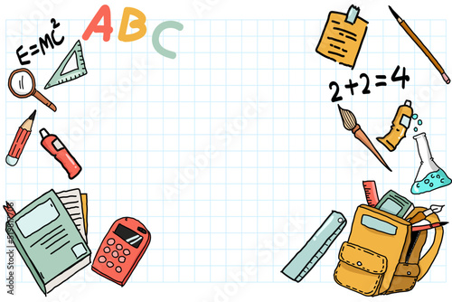 Hand drawn vector illustration of back to school background in doodle style.