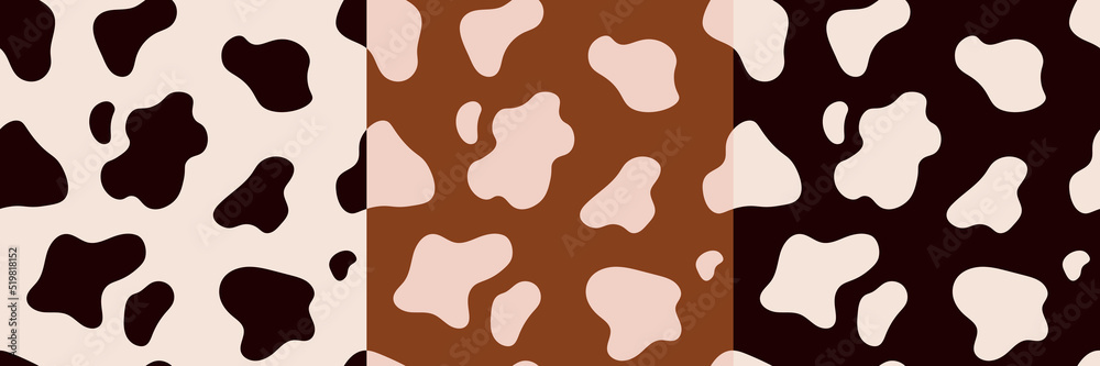 Vector set of three seamless patterns of cow skin. Animal skin template. Spotted cow texture of different colors.