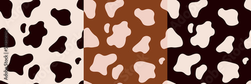 Obraz na płótnie Vector set of three seamless patterns of cow skin. Animal skin template. Spotted cow texture of different colors. w salonie