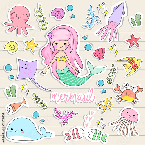 Mermaid pastel cute Kawai set for sticker , postcard , clip art ,invitation . vector illustration for kids elements