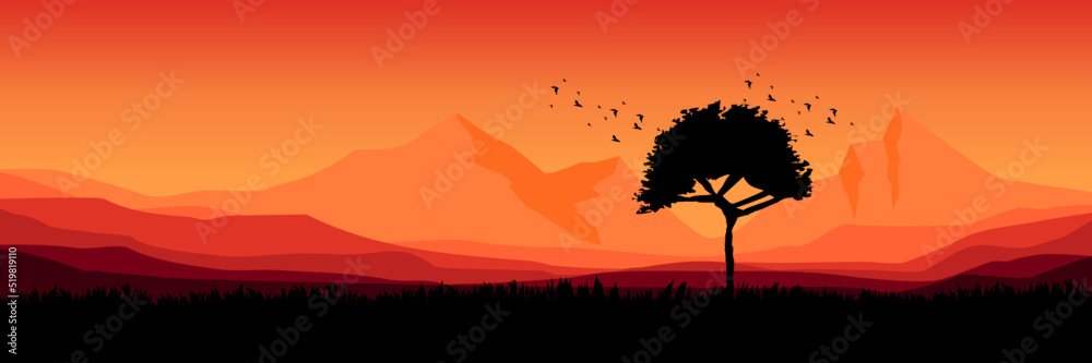 mountain view landscape with tree silhouette vector illustration good for wallpaper, background, backdrop, banner, web, and design template