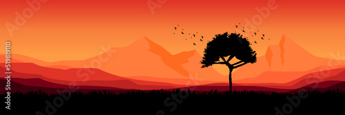 mountain view landscape with tree silhouette vector illustration good for wallpaper, background, backdrop, banner, web, and design template