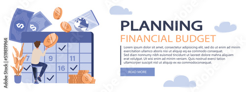 Planning financial budget isolated banner. Accounting analysis and savings. People scene in flat design. Vector illustration for blogging, website, mobile app, promotional materials.