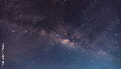 Panorama blue night sky milky way and star on dark background.Universe filled with stars, nebula and galaxy with noise and grain.