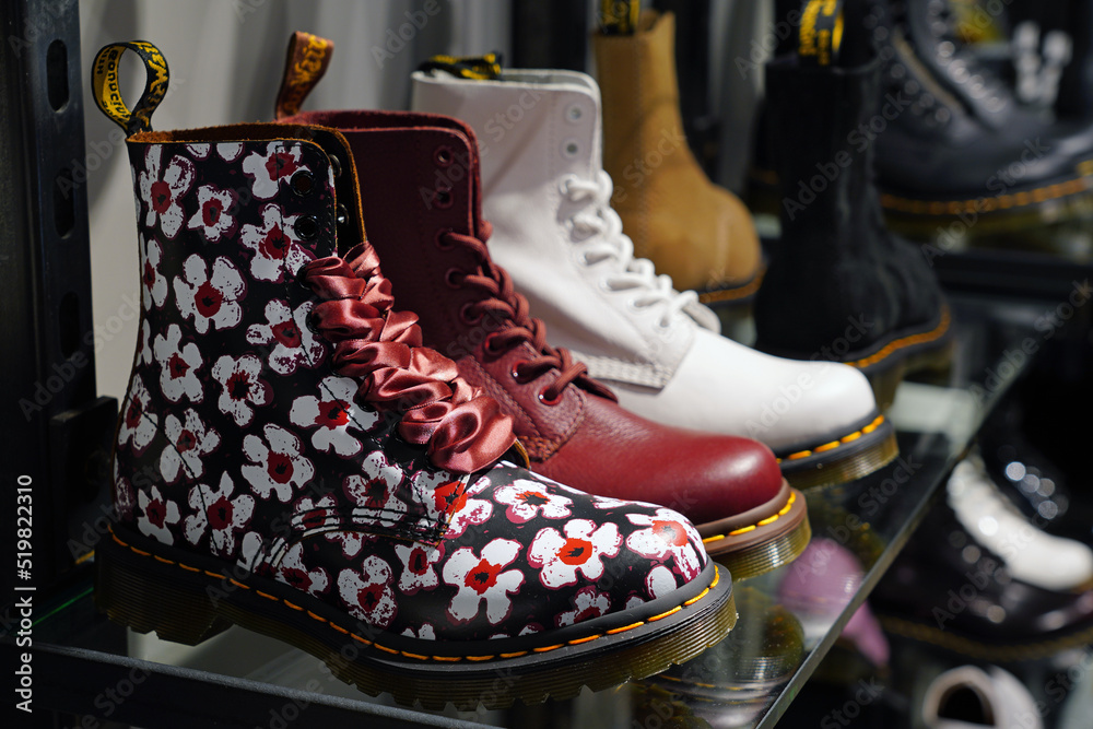 NEW YORK, NY -14 MAR 2021- Shoes inside a Dr. Martens shoe store in New York