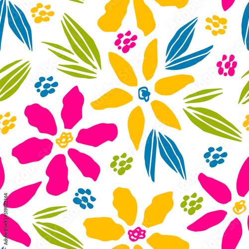 Bright floral vector seamless pattern. Pink  yellow flowers  green  blue leaves on a white background. For fabric prints  textiles  clothing. Spring-summer collection.