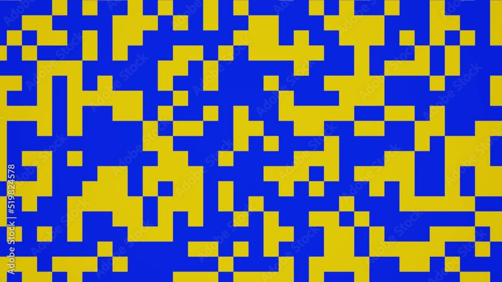 Abstract blue and yellow 8 bit square pixels animation background. 3d motion graphic, old game concept