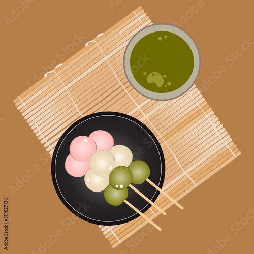 Sanshoku Dango Three Coloured Shiratama Rice Dumplings.Japanese sweets. photo