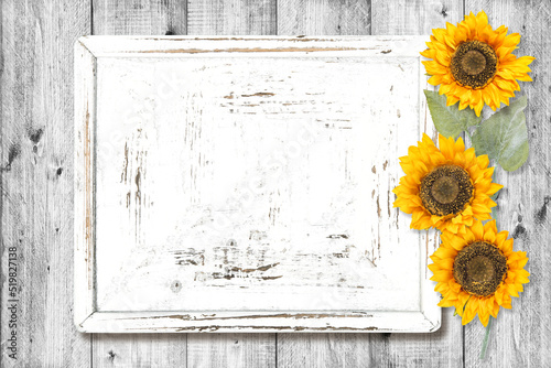 Fotomurale White wood sign board sunflowers decoration Rustic wooden texture background