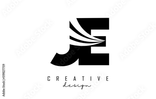 Creative black letters JE j e logo with leading lines and road concept design. Letters with geometric design. photo