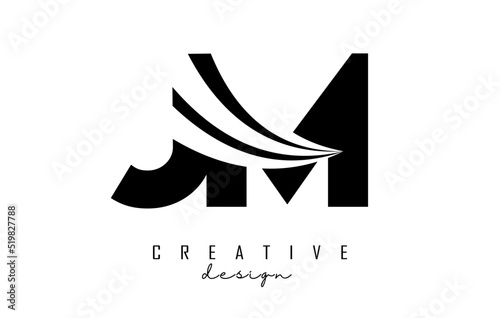 Creative black letters JM j m logo with leading lines and road concept design. Letters with geometric design.