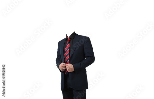 Portrait of headless young confident businessman in a black business suit and striped red tie isolated on a white background. Mockup for inserting the head for design 