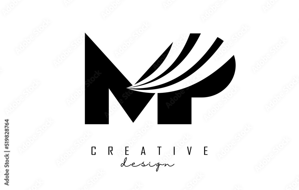 Creative black letters MP m p logo with leading lines and road concept design. Letters with geometric design. Creative black letters MP m p logo with leading lines and road concept design. Letters with geometric design.